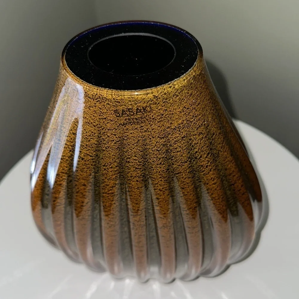 Sasaki Italian Crystal Vase Hand Crafted Marea 11” Tear Drop Ribbed Tiger’s Eye